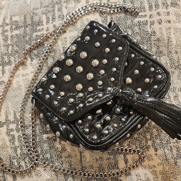 SR Squared Sondra Roberts Silver Studded Black Shiny Shoulder Bag with Tassel - Picture 9 of 9